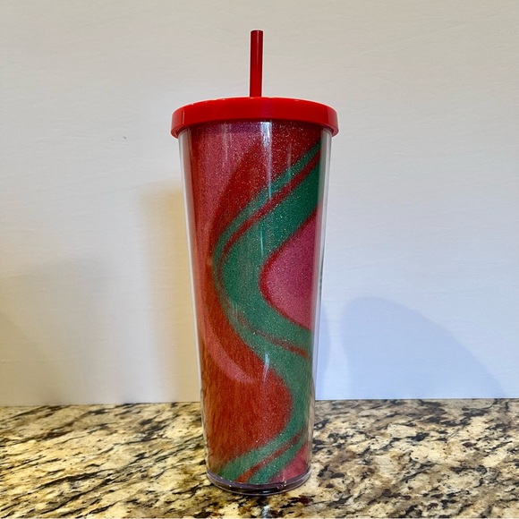 Starbucks 2020 Holiday Red Pink Glitter Swirl Venti Tumbler Cold Cup Coffee Mug - Picture 2 of 7